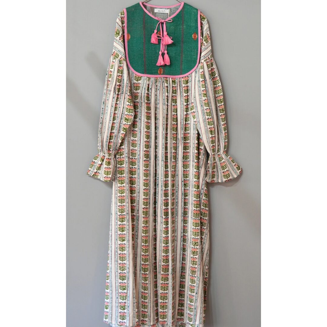 pink × green kantha dress #2412001