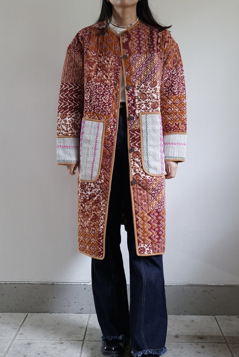 brown camel kantha long jacket - 画像 (2)