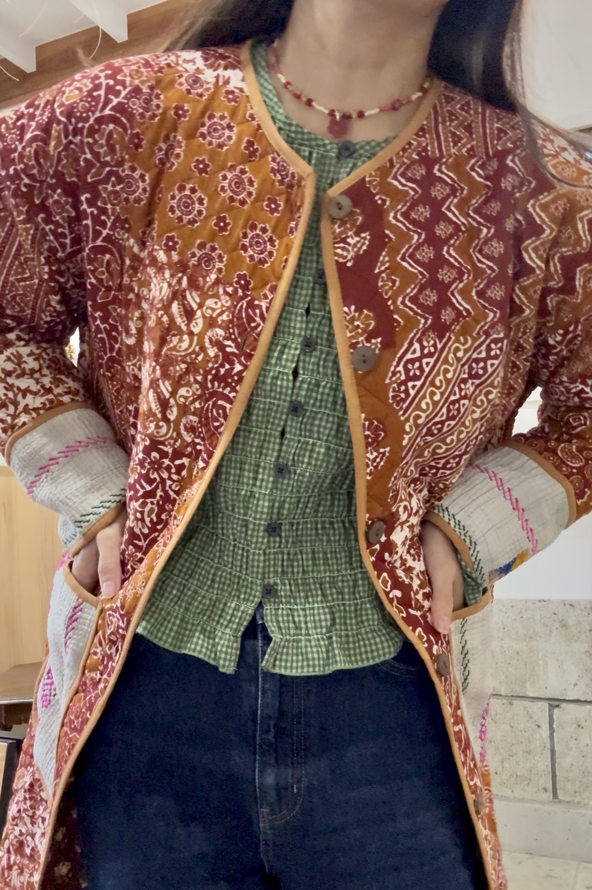 brown camel kantha long jacket - 画像 (16)