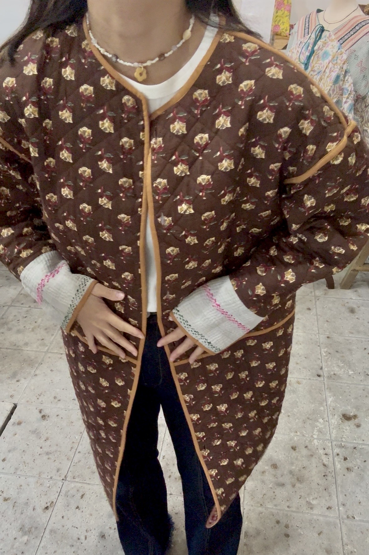brown camel kantha long jacket - 画像 (18)